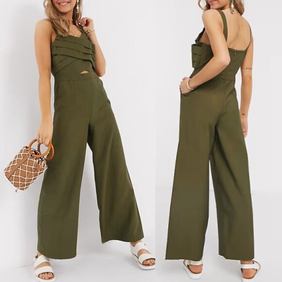 Moon River Olive Green Jumpsuit M Pleated Crisscross Cutout Wide Leg Pockets - Picture 4 of 16